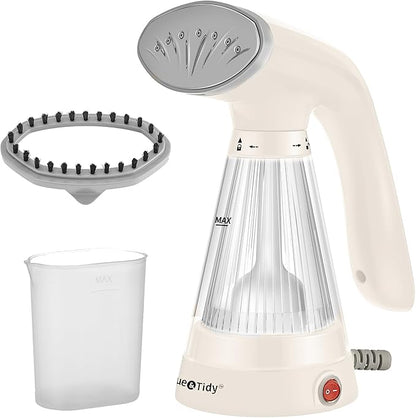 True & Tidy, Hand Held Garment Steamer with Stainless Steel Nozzle, Includes Fabric Brush and Water Cup, TS-20A (White)