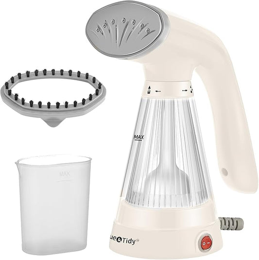 True & Tidy, Hand Held Garment Steamer with Stainless Steel Nozzle, Includes Fabric Brush and Water Cup, TS-20A (White)