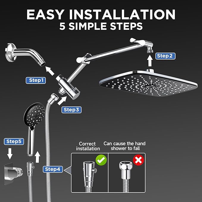 Veken Wide High Pressure Rain Shower Head with Handheld, Handheld Shower Heads with Multi Spray Modes, Rainfall Combo with 15" Metal Extension Arm,Detachable Dual Shower,1.8GPM, Chrome Silver