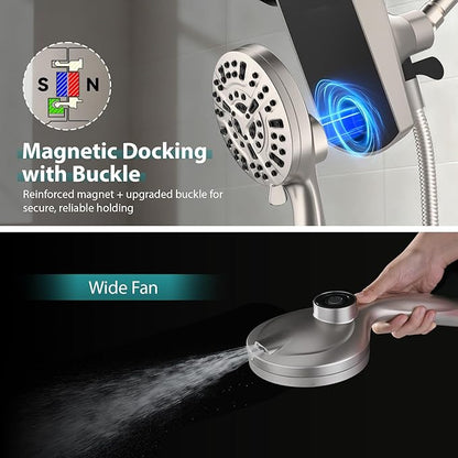 Rain Shower Head with Handheld: Foldable High Pressure Shower Heads with Handheld Spray Combo, 9 Spray Settings/Modes Hand Held Showerhead Dual Rainfall Shower Head Built-in Magnetic Docking and Jets