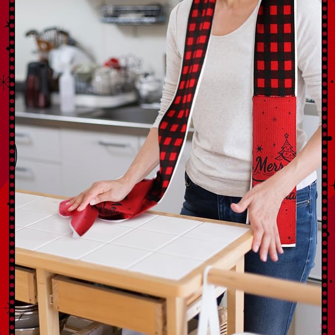 4 Pack Christmas Kitchen Towel Boa Scarf Dish Buffalo Plaid Decor 4 x 68 Inch for Holiday Cooking Baking Accessories