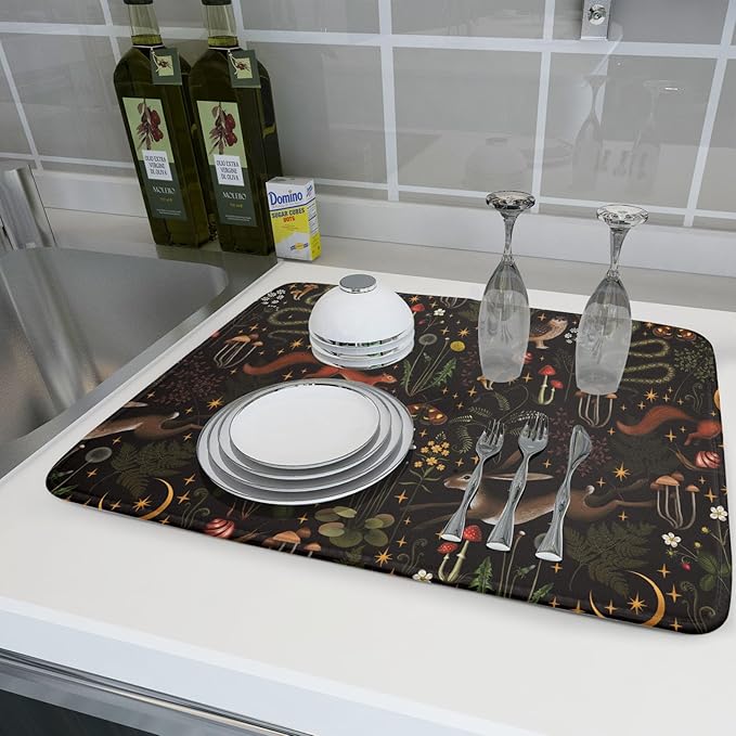 Black Mushrooms Butterfly Dish Drying Pad 18 x 24 Inch With Absorbent Reversible Microfiber Forest Wild Animals Flowers Moon Star Drying Mats Dish Drainer Mat Fast Dry For Kitchen Dining Room