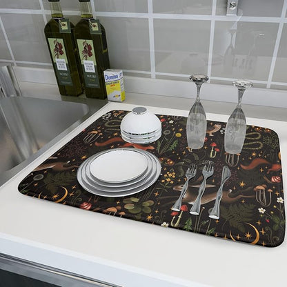Black Mushrooms Butterfly Dish Drying Pad 18 x 24 Inch With Absorbent Reversible Microfiber Forest Wild Animals Flowers Moon Star Drying Mats Dish Drainer Mat Fast Dry For Kitchen Dining Room