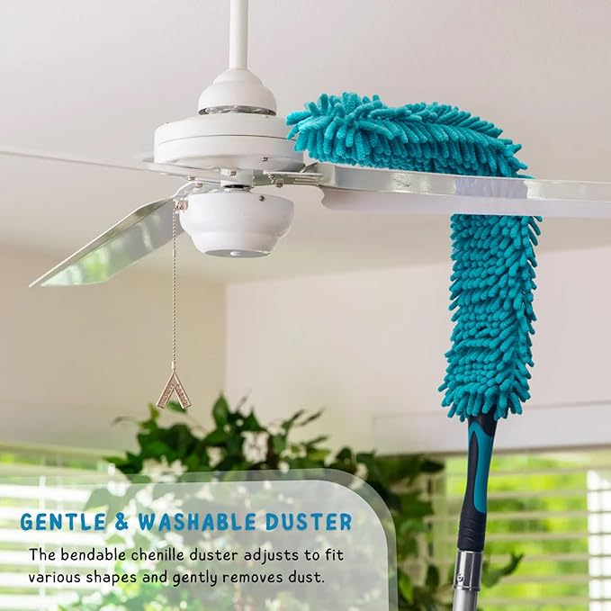 Cobweb Duster with 5-12 Ft Extension Pole, Spider Web Brush with Long Telescoping Pole for 20 Feet Reach, Window Cleaning Squeegee with Scrubber, High Ceiling Fan Dusters