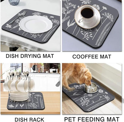 Dish Drying Mat for Kitchen Counter 16x18in Grey Washable Quick Dish Drying Pad Rubber Backed Absorbent Draining Mat