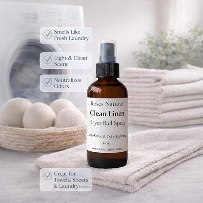 Natural Dryer Ball Spray, 4 oz, Patchouli, Lavender,Essential Oil Laundry Refresher, Fabric Freshener for Clothes, Linens & Wool, Anti-Static & Odor Neutralizer, Made in the USA (Clean Linen)
