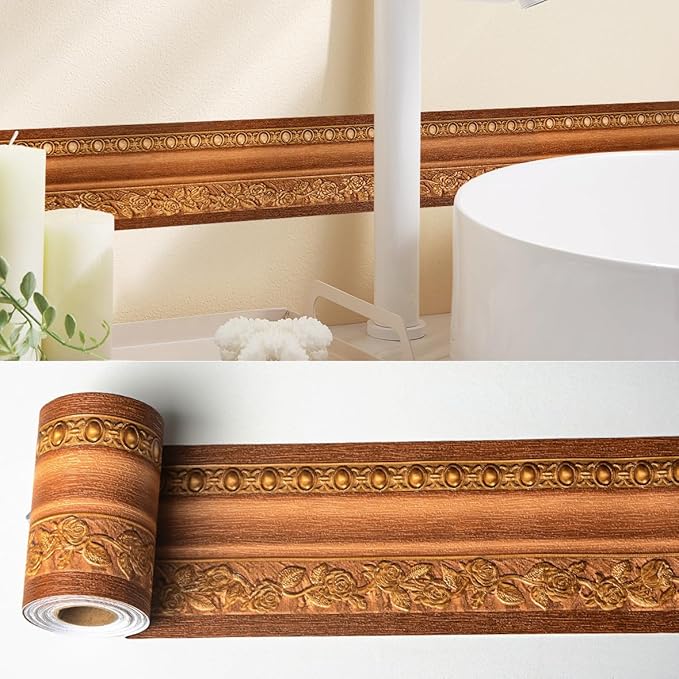 AbaBoorty Wood Wallpaper Border 196"X4.1" 3D Peel and Stick Wall Border Waterproof Tiles Sticker Wallpaper Self Adhesive Removable Wall Stickers for Ceiling Bedroom Living Room Decor