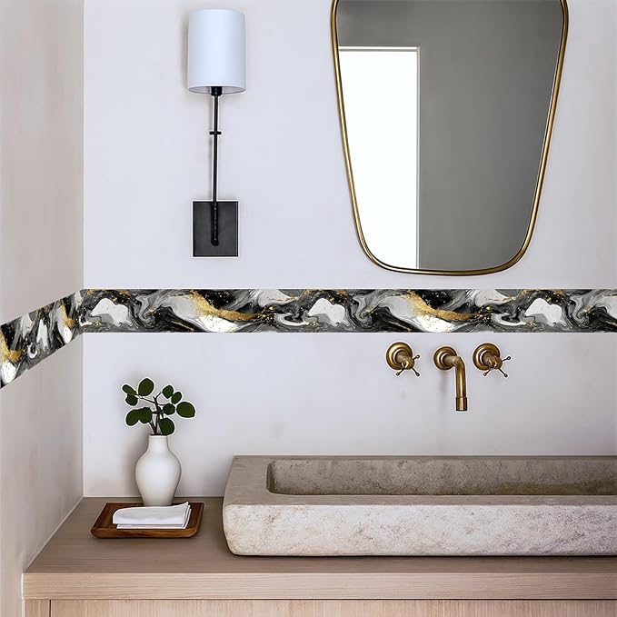 Marble Wave Wallpaper Border 196x4 Inch Peel and Stick Wall Border Black White Gold Pattern Removable Vinyl Wall Trim Kitchen Bathroom Living Room Home Decor