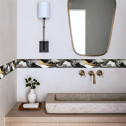 Marble Wave Wallpaper Border 196x4 Inch Peel and Stick Wall Border Black White Gold Pattern Removable Vinyl Wall Trim Kitchen Bathroom Living Room Home Decor