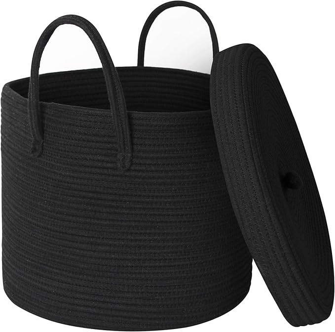 15" X 13" Large Black Basket with Lid, Cotton Rope Storage Basket for Blanket, Toy, Pillow, Towel, Laundry, Wicker Living Room Bedroom Storage Bin, Black Woven Organizing Basket with Cover