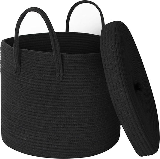 15" X 13" Large Black Basket with Lid, Cotton Rope Storage Basket for Blanket, Toy, Pillow, Towel, Laundry, Wicker Living Room Bedroom Storage Bin, Black Woven Organizing Basket with Cover