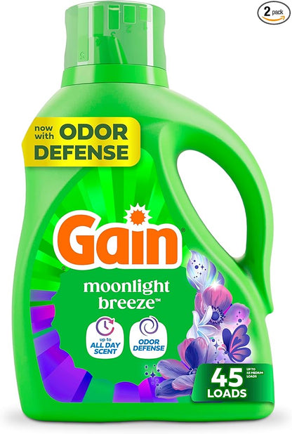 Gain Liquid Laundry Detergent with Odor Defense, Moonlight Breeze Scent, Liquid Detergent And Laundry Soap For HE Washing Machines, 60 fl oz, Pack of 2 (Packaging May Vary)