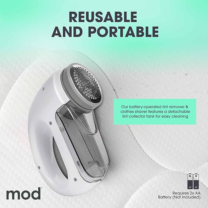 MOD Portable Fabric Shaver and Lint Remover, Reusable Pet Hair Remover,Roller for Clothes, Sweater Shaver, Couch, Blankets, Curtains with Detachable Lint Collector Tank, Battery Operated, White/Gray