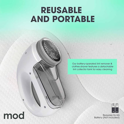MOD Portable Fabric Shaver and Lint Remover, Reusable Pet Hair Remover,Roller for Clothes, Sweater Shaver, Couch, Blankets, Curtains with Detachable Lint Collector Tank, Battery Operated, White/Gray