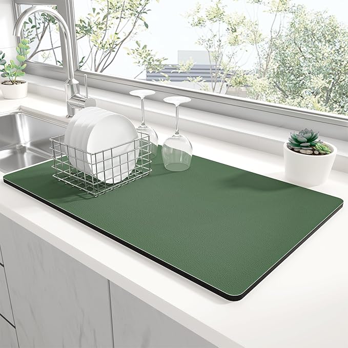 Rnivvi Dish Drying Mat for Kitchen Counter, XL 15 x 24" Super Absorbent Drainer Pad Easy Clean Dish Rack Pad, Non-Slip Heat Resistant Coffee Bar Mat for Coffee Machine Station Accessories,Forest Green