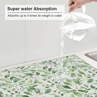 Green Leaves Dish Drying Mat, Highly Absorbent Microfiber Kitchen Counter Pad Reusable Washable, 16*18"