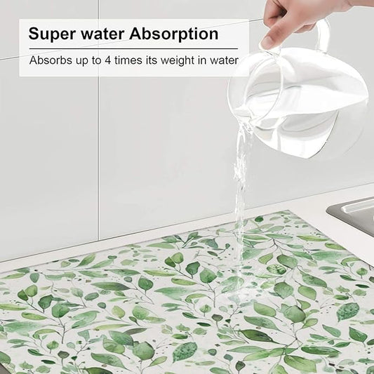Green Leaves Dish Drying Mat, Highly Absorbent Microfiber Kitchen Counter Pad Reusable Washable, 16*18"