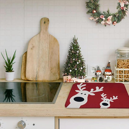 Christmas Dish Drying Mat, Ultra Absorbent Microfiber Dish Drainer Mat Christmas Reindeer Drying Mats for Kitchen Counter, Coffee Maker, Tableware Decor, 18 x 24 Inch