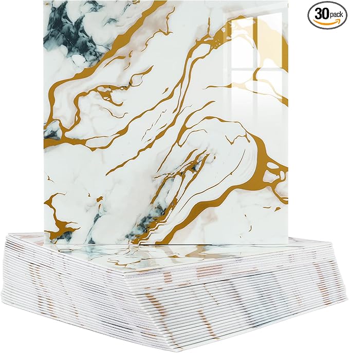 Marble-Effect Peel and Stick Backsplash, 30 Sheets PVC Wall Panels, Self-Adhesive Waterproof for Kitchen, Bathroom, 11.8" x 11.8"