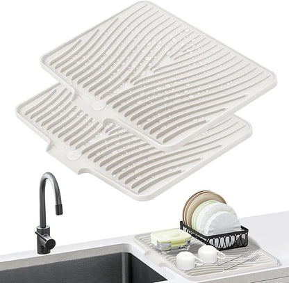 TIKNIK Silicone Dish Drying Mat, Stone Drying Mat for Kitchen Counter with Built-In Drain, Non-Slip Drain Pad with Built-in Drain, Heat Resistant Stone Drying Mat, Hangable, Cream-2pcs, 20" x 15"