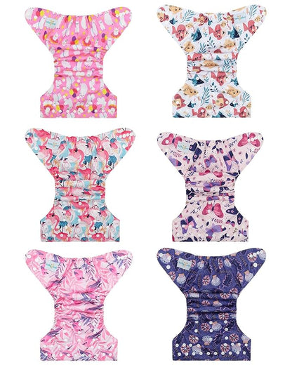 Babygoal Baby Cloth Diaper 6 Pack with 6pcs Inserts and Wet Bag for Fitted Diapers and Prefolds, Adjustable and Reusable Covers for Toddler Boys and Girls