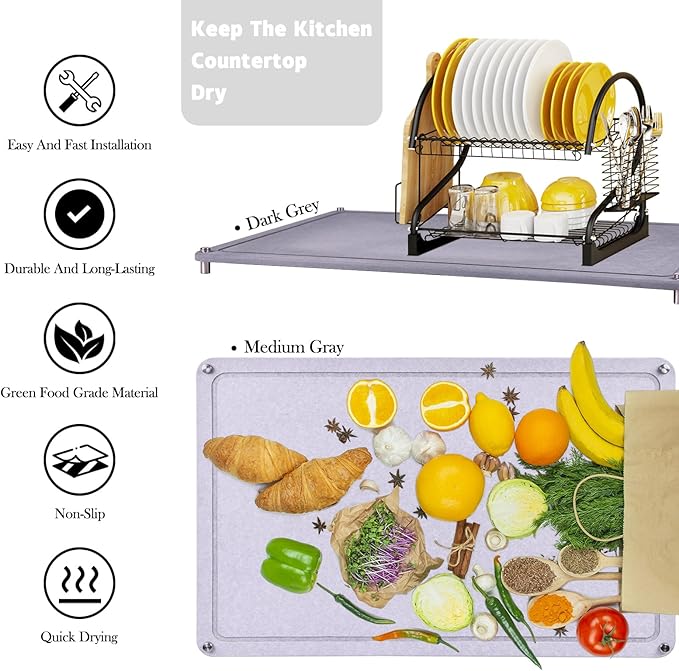 Large Diatomaceous Earth Stone Dish Drying Mats for Kitchen Counter,24"×16",Quick Drying,with 4 Non-Slip Stainless Steel Feet, Suitable for Various Countertops, Bowl Racks, Medium Gray