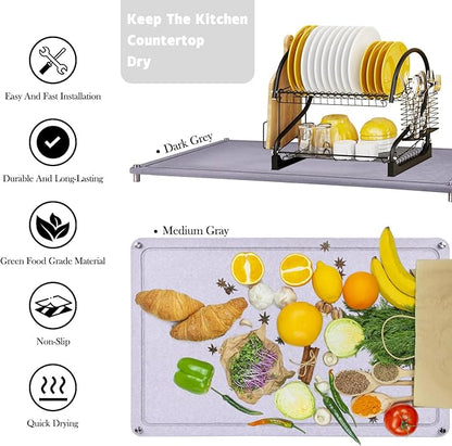 Large Diatomaceous Earth Stone Dish Drying Mats for Kitchen Counter,24"×16",Quick Drying,with 4 Non-Slip Stainless Steel Feet, Suitable for Various Countertops, Bowl Racks, Dark Grey