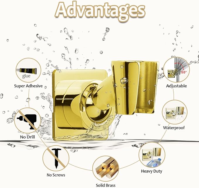 Shower Head Holder Handheld Shower Wand Holder Adjustable Shower Head Bracket Shower Wall Mount Holder, Polished Brass/Gold Finish, Drill Free Glue Installation