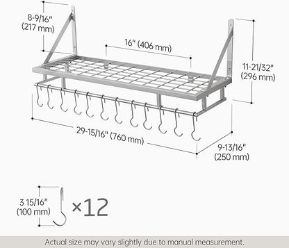 KES 30-Inch Silver Gray Pot Rack, Wall Mounted Hanging Pot and Pan Organizer with 12 Sturdy Hooks, Kitchen Wall Hanger Shelves Modern, KUR215S75A-SG