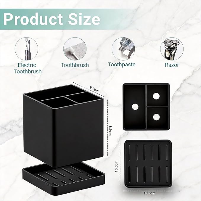 Toothbrush Holders for Bathrooms, 3 Slots Kids Countertop Silicone Electric Tooth Brush and Toothpaste Holder Organizer Stand with Drainage Tray, Bathroom Accessories Decor, Black