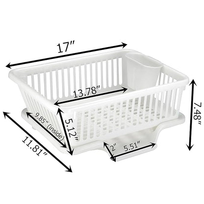 Heavy Duty 2-Piece Plastic Dish Drying Rack Set in White - Includes Large Dish Drainer, Attached Drainboard, and Utensil Cup Holders for Home Kitchen Countertop Organization