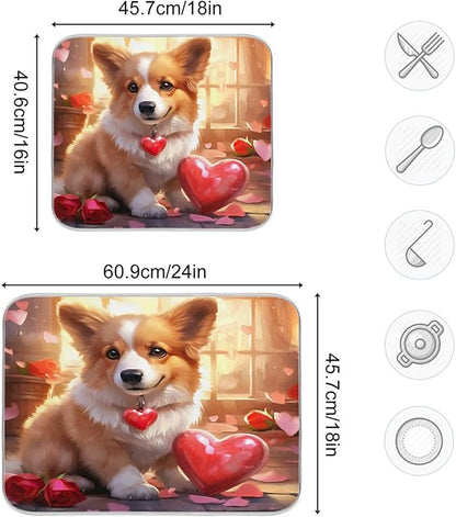 Dish Drying Mat Kitchen Counter Absorbent Valentine Corgi Coffee Sink Mat Dish Drainer Pad 18 Inch x 16 Inch