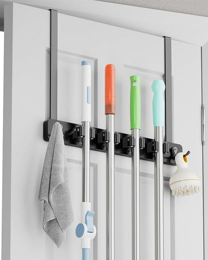 BS-VOG Over the Door Broom Holder, Mop and Broom Holder Door Mount, Hanging Organizer with 4 Racks & 2 Hooks, Wooden Hanger Storage Decor, Laundry Tool Organizer for Closet Garage, No Drills