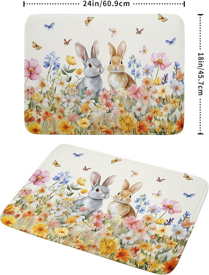 Spring Easter Rabbit Dish Drying Mat for Kitchen Counter,Colorful Flowers Butterflies Drying Mat 18 x 24 Inch with High Absorbent Microfiber Drainer Mat for Coffee Bar