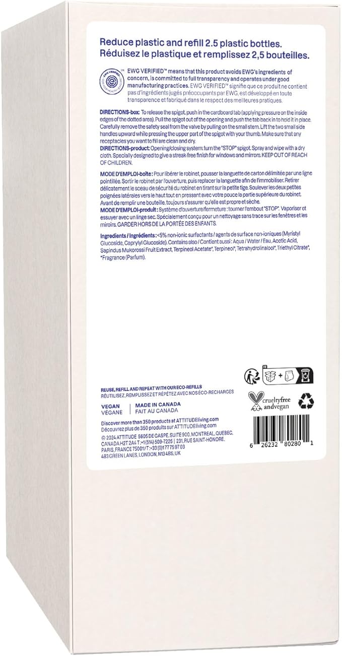 ATTITUDE Window & Mirror Cleaner Refill, EWG Verified, Plant- & Mineral-Based, Vegan & Streak-Free Glass Spray, Citrus Zest Scent, 67.6 Fl Oz (Pack of 4)