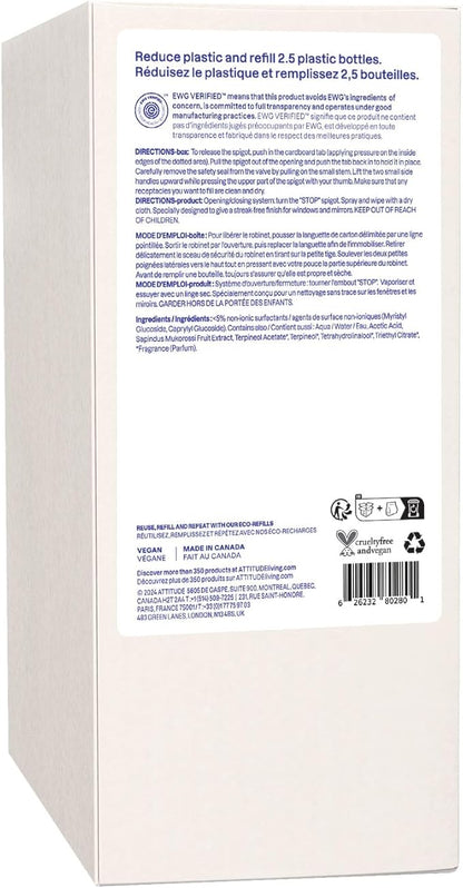 ATTITUDE Window & Mirror Cleaner Refill, EWG Verified, Plant- & Mineral-Based, Vegan & Streak-Free Glass Spray, Citrus Zest Scent, 67.6 Fl Oz