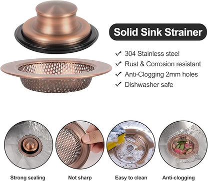 RQYEKDO Kitchen Sink Strainers Sink Stopper Kits, Stainless Steel Sink Drain Strainer Set, Large Wide Rim 4.4" Diameter Food Catcher Garbage Disposal Plug for Most Sink Drains Basket Filter (Copper)