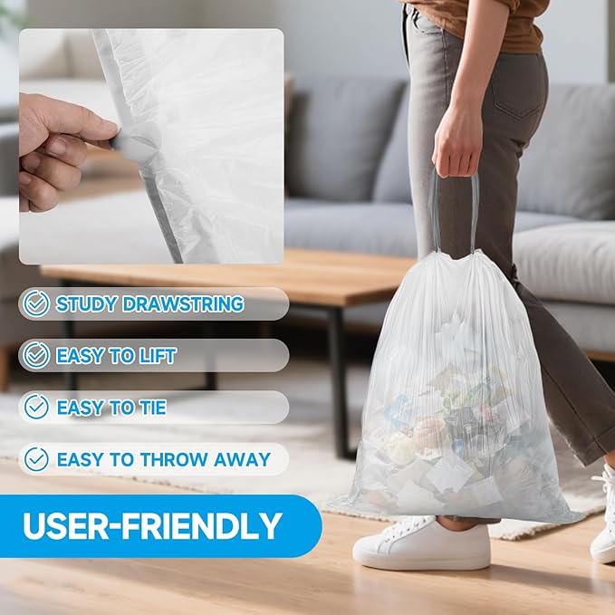 Small Trash Bags 4 Gallon Drawstring- 360 Counts 4 Gallon Trash Bag Extra Strong, Small Garbage Bags Unscented, Stretchy, Quick Cinch for Bathroom Kitchen, White