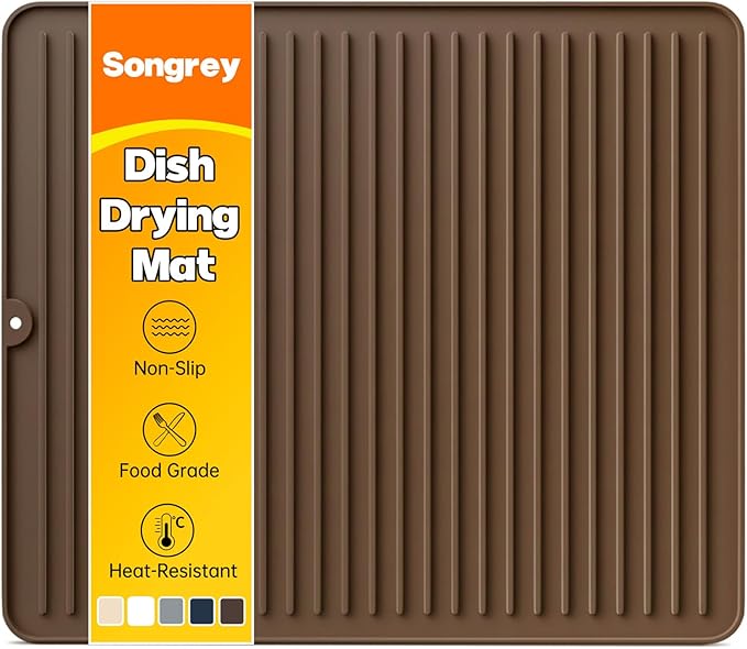 Songrey 18" x 16" Silicone Dish Drying Mat, Kitchen Counter Drying Pad for Sink Dishes or Under Rack, Multi-Use as Heat Resistant Trivet, Coffee Bar Mat