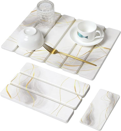 Large Stone Dish Drying Mat for Kitchen Counter, 2PCS Quick Dry Stone Dishes Mat,Foldable Water Absorbing Drying Organizer Pad for Plate Rack Bottles Utensils(Printed White Gold 16"x12" & 8“x4")