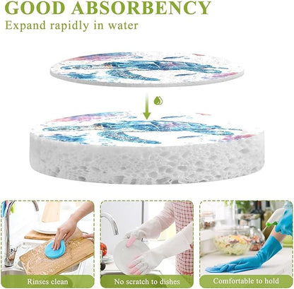 Sea Turtle Kitchen Scrub Sponges, Pop-up Kitchen Cleaning Sponges Reusable Dish Washing Sponges for Bathroom Household Cleaning 3 Pack - Non Scratch Scrubber