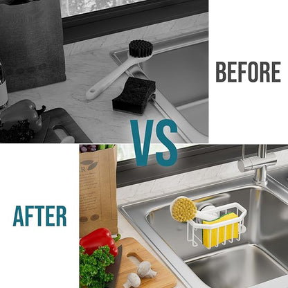 TAILI Sponge Holder for Kitchen Sink with Strong Suction Cup Removable, Rustproof Aluminum Sink Caddy for Sponge, Brush, Scrubber, Scraper -Gold