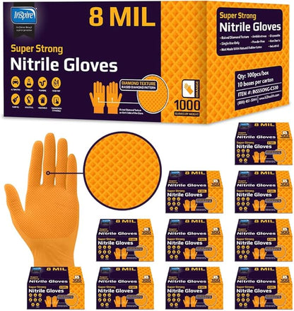 Inspire Heavy Duty Orange Nitrile Gloves | ULTRA 8 Mil Diamond Textured Grip | Industrial Mechanic Disposable Cleaning Gloves