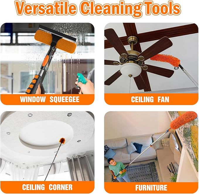 LAANPOLE 36FT High Reach Duster Cleaning Kit with Extension Pole, High Ceiling Fan Cleaner Duster Tool for Fan Blades, Window Washing Kit with Microfiber Feather Duster & Window Squeegee