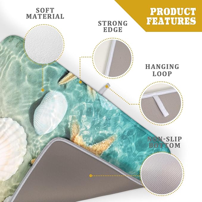 Summer Beach Style Dish Drying Mat for Kitchen Counter,Starfish and Seashell Drying Mat 18 x 24 Inch with High Absorbent Reversible Microfiber Dish Drying Pad Drainer Mat for Coffee Bar