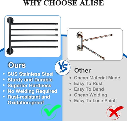 Alise Swivel Towel Rack,Folding 6 Arms Hand Towel Bars Towel Hanger for Bathroom,Wall Mount Drying Racks for Laundry,SUS304 Stainless Steel Swing Out Towel Holder Storage Space Saving,Matte Black