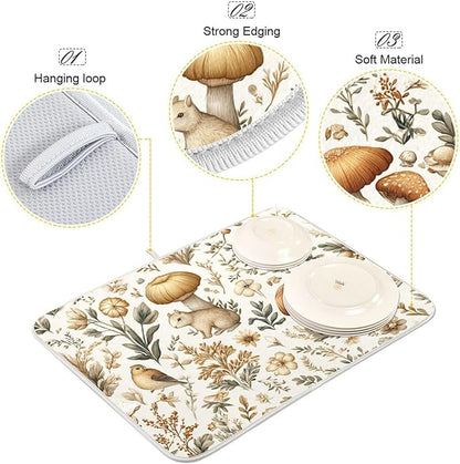 Watercolor Mushrooms Dish Drying Mat Absorbent Kitchen Pads for Counter Kitchen Dish Dryer 16 x 18 Mat under Dish Drainer