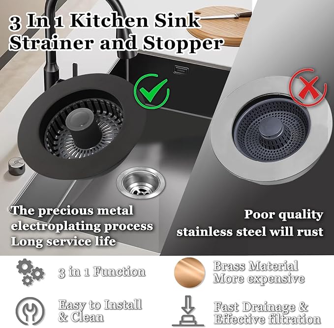 BAOLSLS 3 in 1 Kitchen Sink Stopper, Pop Up Kitchen Sink Drain Strainer, with an Extra Basket Strainer, Kitchen Sink Drain Stopper for US Standard 3-1/2 Inch, Brass Material Electroplate Black