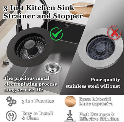 BAOLSLS 3 in 1 Kitchen Sink Stopper, Pop Up Kitchen Sink Drain Strainer, with an Extra Basket Strainer, Kitchen Sink Drain Stopper for US Standard 3-1/2 Inch, Brass Material Electroplate Black