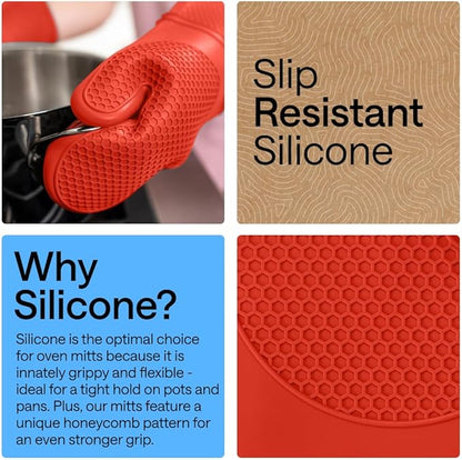 GORILLA GRIP BPA-Free Soft Silicone Oven Mitts, Heat Resistant and Waterproof Cooking Gloves, Thick Cotton Lining, Flexible Gripping for Baking Grilling, Kitchen Potholders Set of 2, 12.5x8.3, Coral